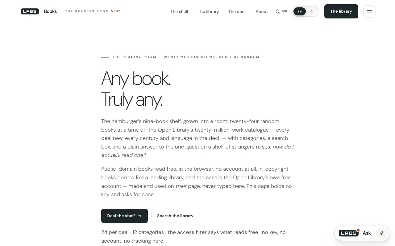 The top of the Books page on labs.llc: the headline 'Any book. Truly any.', two paragraphs on the Open Library catalogue and on borrowing, and the buttons 'Deal the shelf' and 'Search the library'.