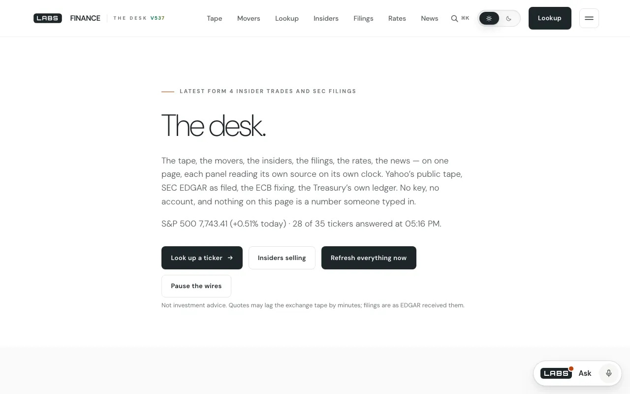 The top of the Finance page on labs.llc: the headline 'The desk.', a paragraph naming its sources, a market reading, and buttons to look up a ticker, see insiders selling, and refresh or pause the wires.