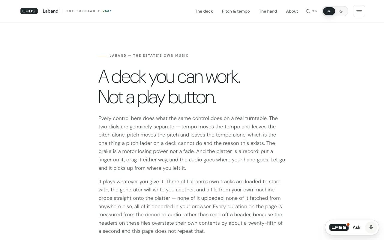 The top of the Laband page on labs.llc: the headline 'A deck you can work. Not a play button.' above two paragraphs on its separate pitch and tempo dials, its brake and its draggable platter.