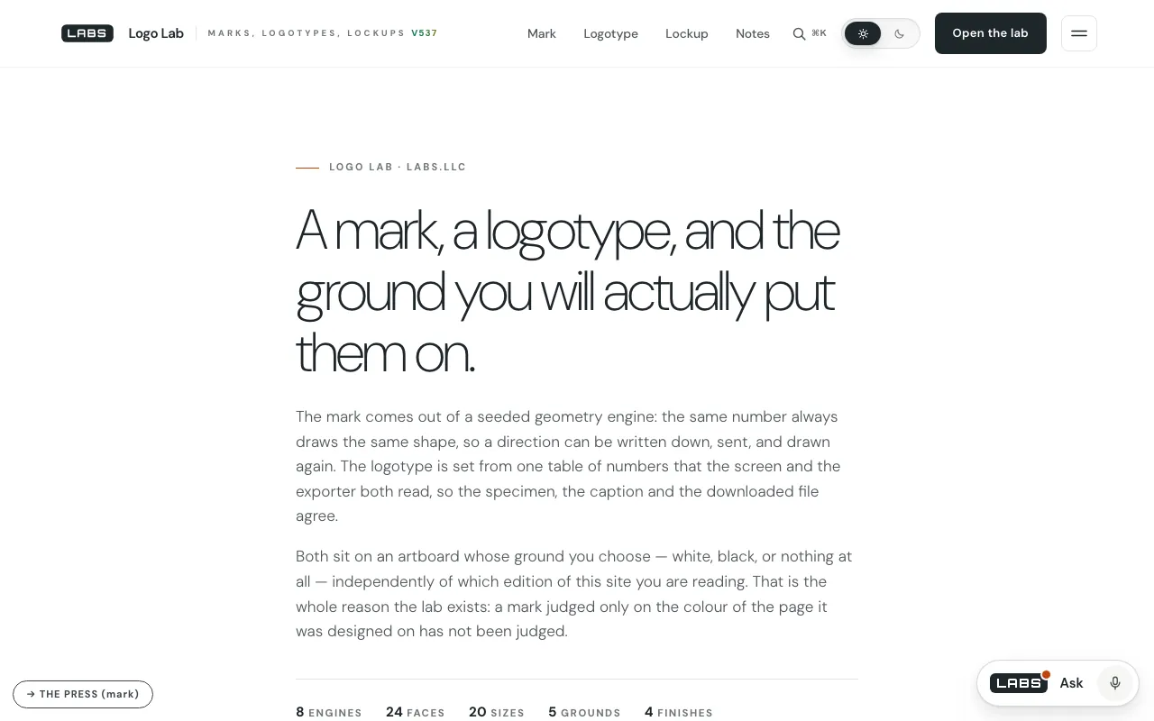 The top of the Logo Lab page on labs.llc: the headline 'A mark, a logotype, and the ground you will actually put them on.', two paragraphs on the seeded engine and the artboard, and a row of counts beneath.