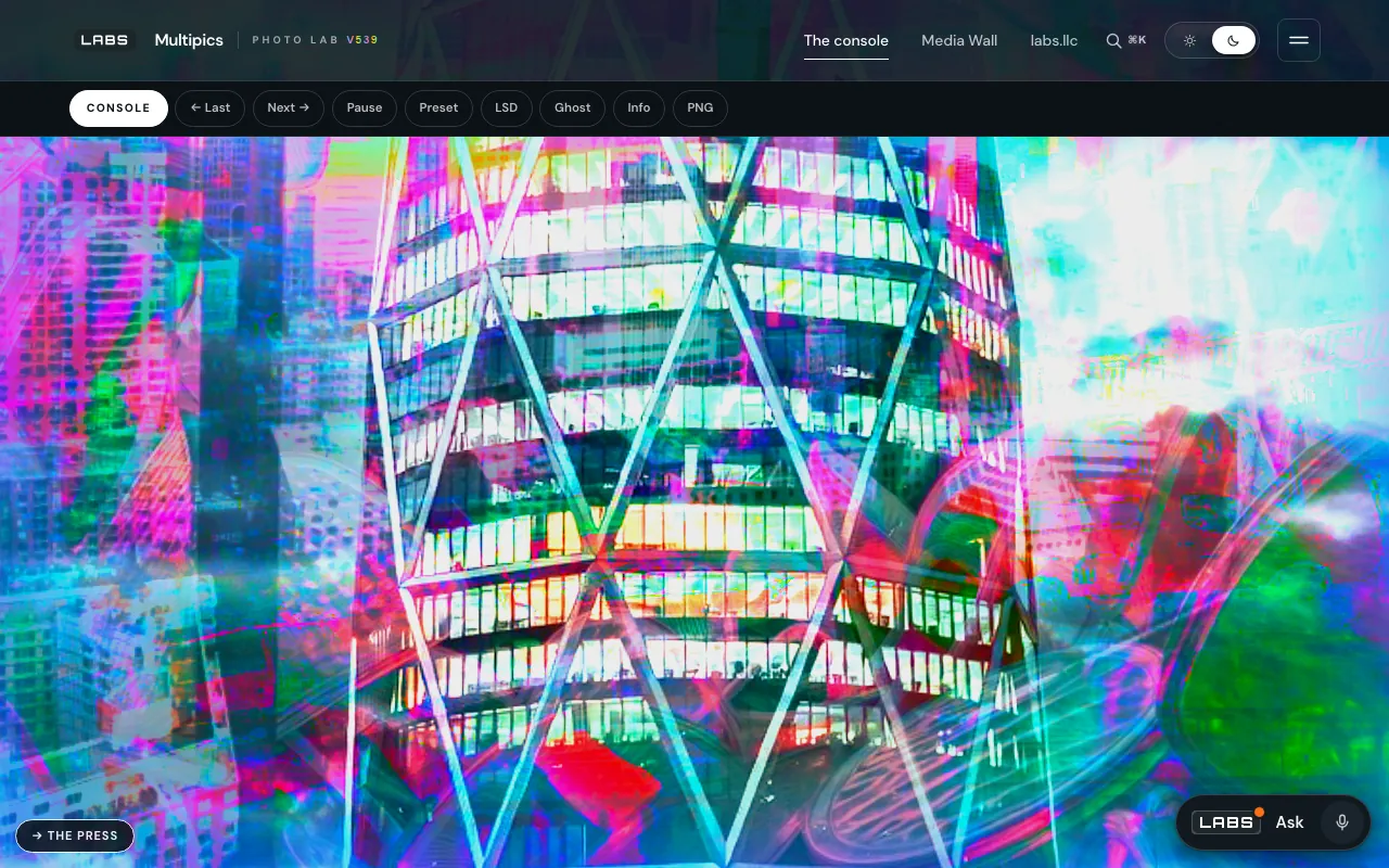 The Multipics console on the live site: a toolbar (Console, Last, Next, Pause, Preset, LSD, Ghost, Info, PNG) above a full-frame blend of an office tower’s glass facade, pushed into saturated magenta, green and cyan.
