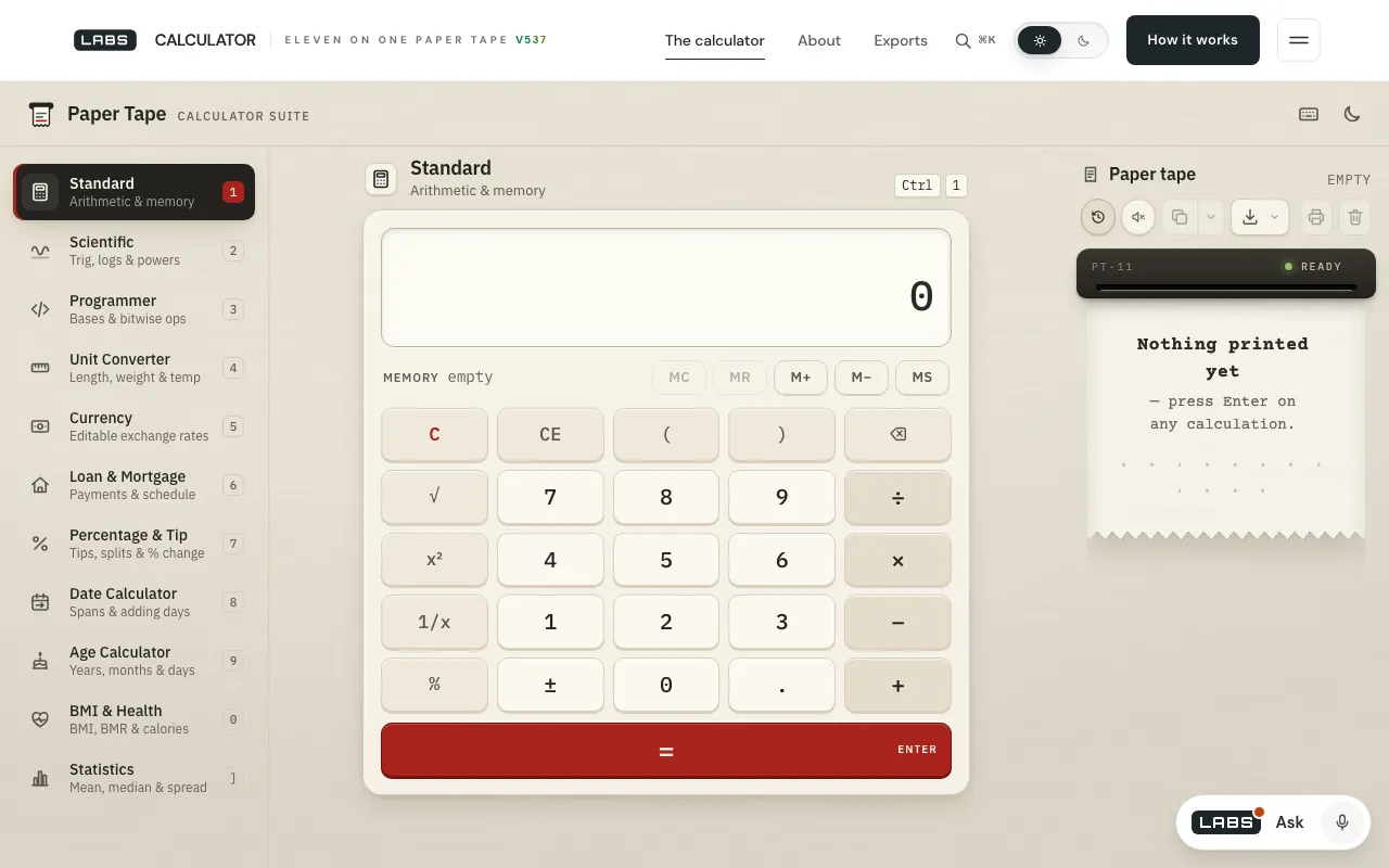 The Paper Tape Calculator on labs.llc: a list of eleven modes on the left, the standard keypad in the middle, and an empty paper tape on the right reading 'Nothing printed yet'.