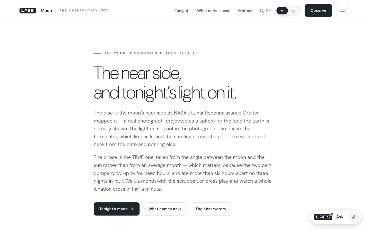 The top of The Moon page on labs.llc: the headline 'The near side, and tonight's light on it.', two paragraphs on the Lunar Reconnaissance Orbiter map and the true phase, and three buttons.
